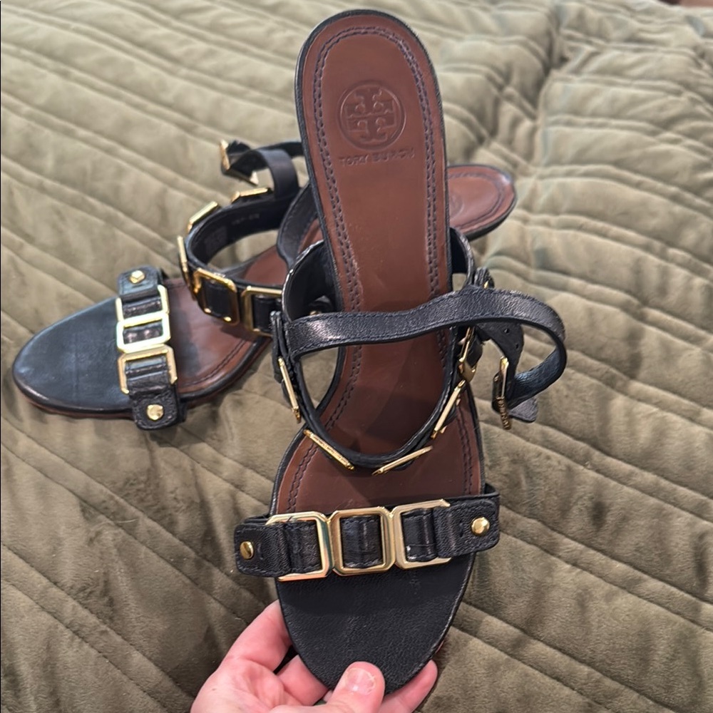 Tory Burch Black and Gold Leather Sandals
